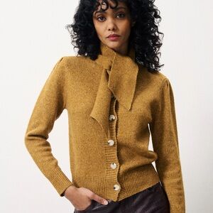 FRNCH Paris Perline Tie Neck Cardigan Sweater Size Small Camel Brown